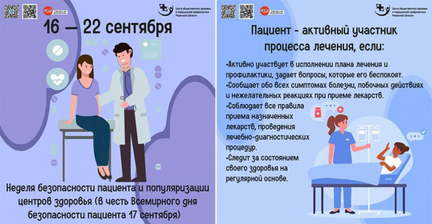 15 — 21 сентября Министерство здравоохранения РФ объявило — Неделя популяризации безопасности пациента и популяризации центров здоровья (в честь Всемирного дня безопасности пациента 17 сентября)